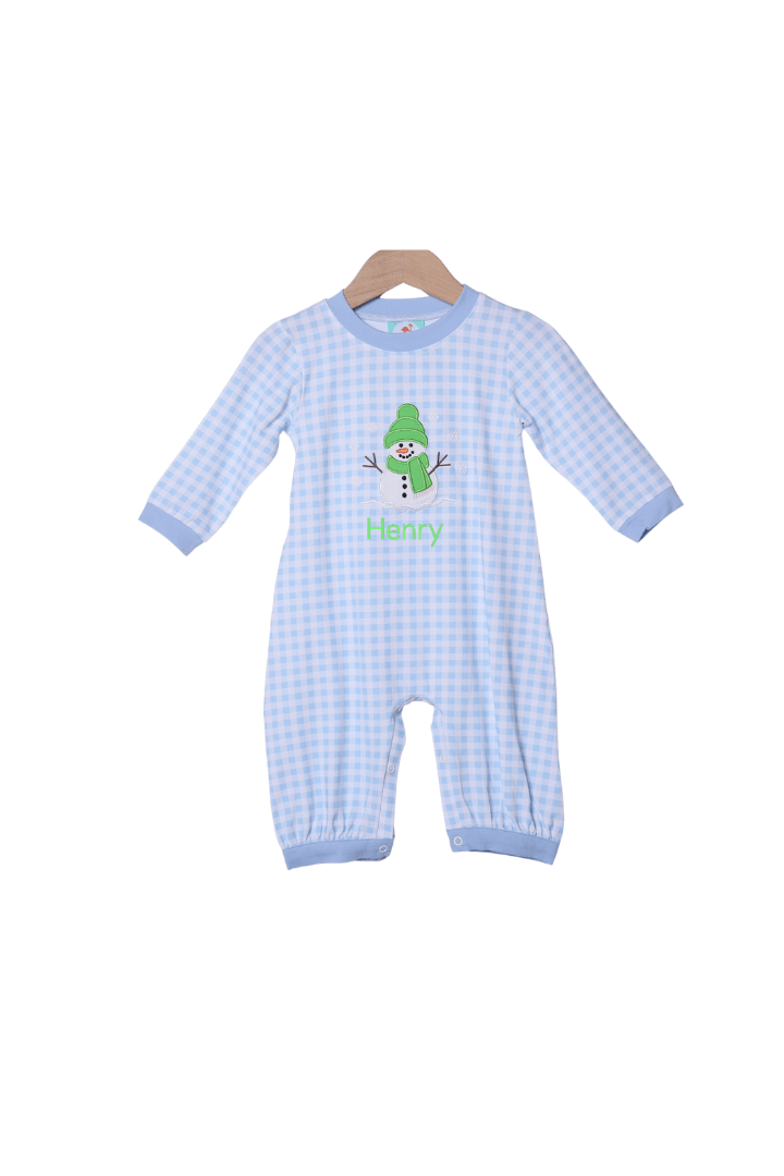 The Smocked Flamingo Apparel & Accessories Applique Snowman Blue Gingham Romper