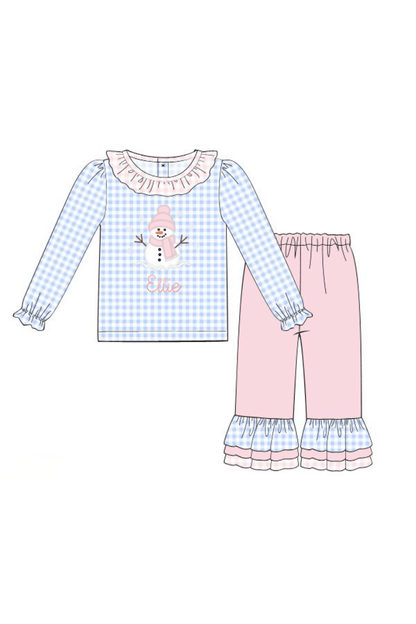 The Smocked Flamingo Apparel & Accessories Applique Snowman Pink/Blue Gingham Ruffle Pant Set