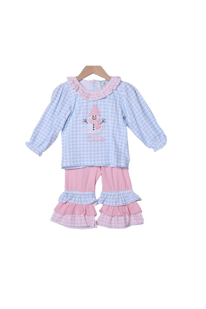 The Smocked Flamingo Apparel & Accessories Applique Snowman Pink/Blue Gingham Ruffle Pant Set