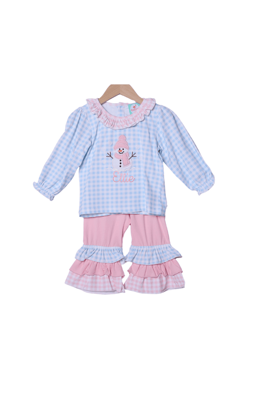 The Smocked Flamingo Apparel & Accessories Applique Snowman Pink/Blue Gingham Ruffle Pant Set