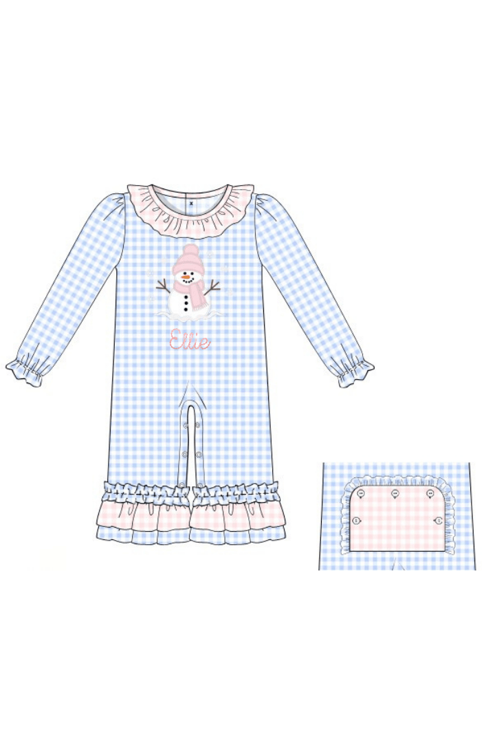 The Smocked Flamingo Apparel & Accessories Applique Snowman Pink/Blue Gingham Ruffle Romper