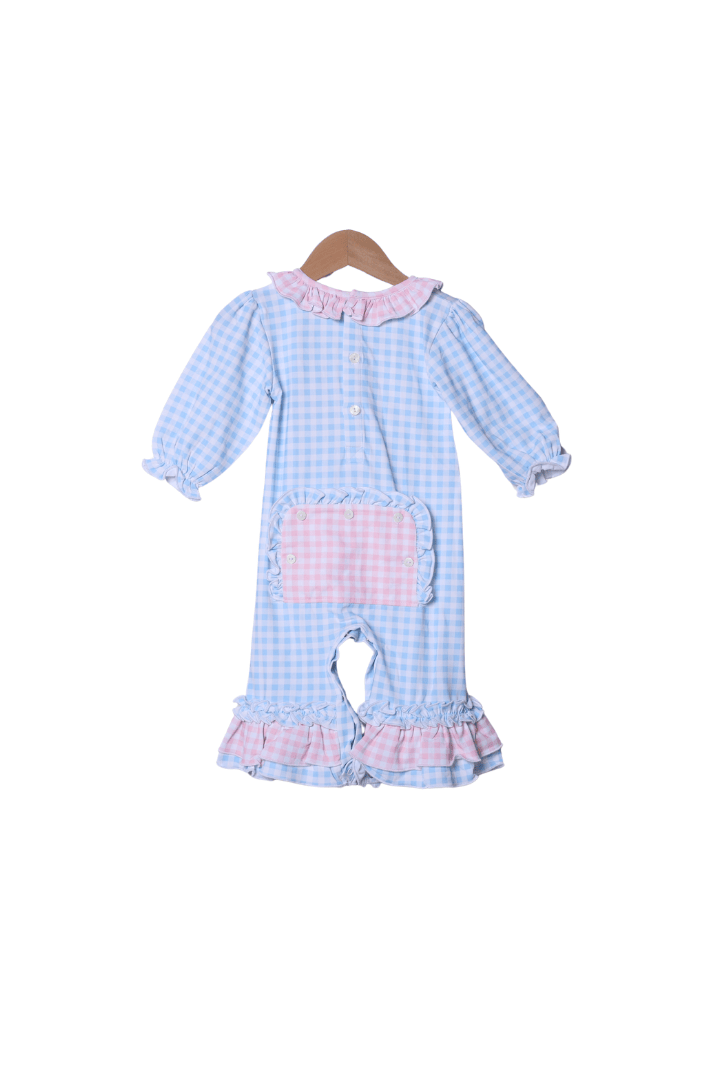 The Smocked Flamingo Apparel & Accessories Applique Snowman Pink/Blue Gingham Ruffle Romper