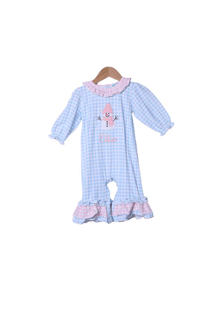 The Smocked Flamingo Apparel & Accessories Applique Snowman Pink/Blue Gingham Ruffle Romper