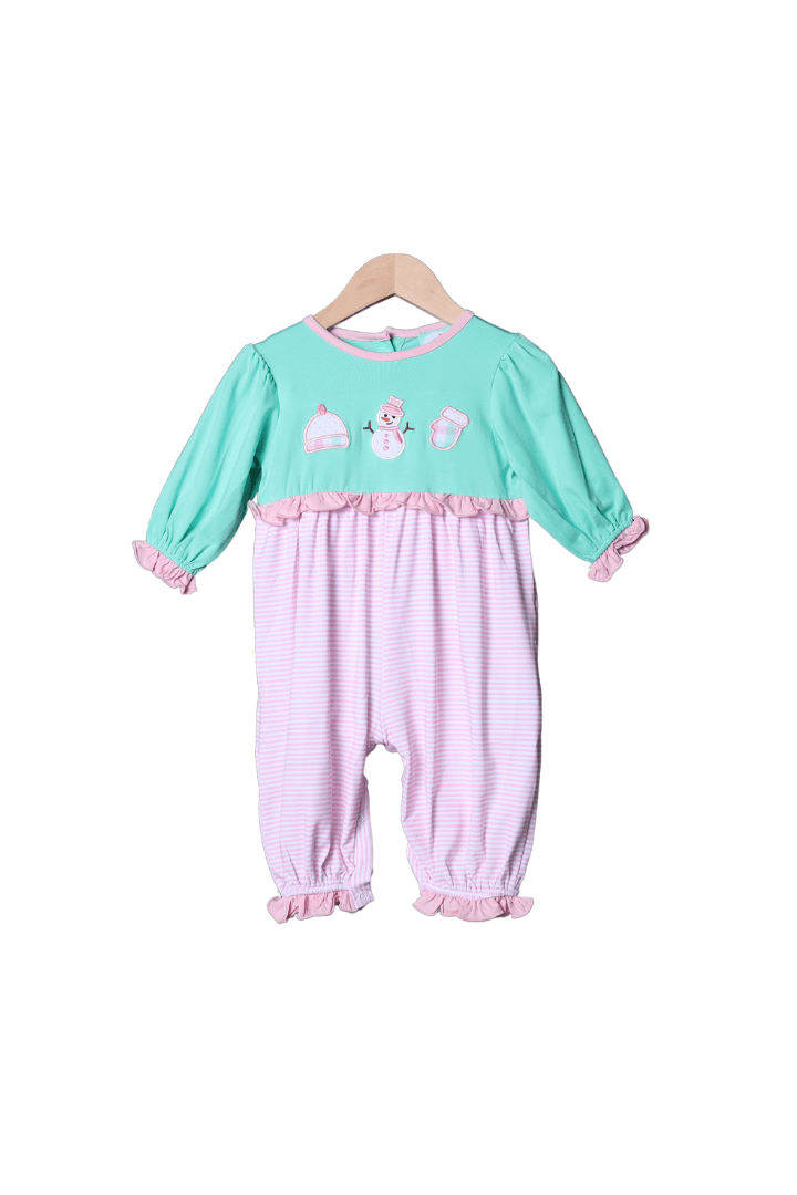 The Smocked Flamingo Apparel & Accessories Applique Snowman Pink Stripe Romper