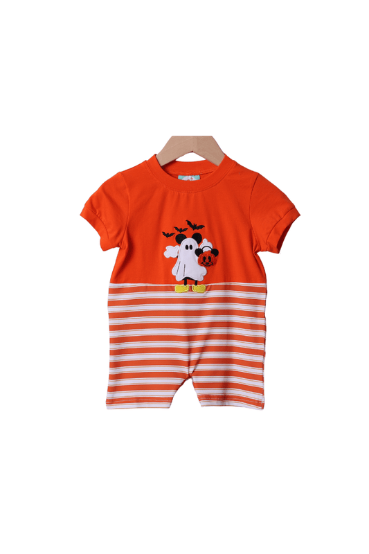 The Smocked Flamingo Apparel & Accessories Applique Spooky Mouse Orange Stripe Short Romper