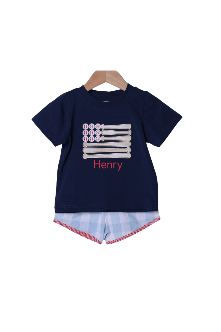 The Smocked Flamingo Apparel & Accessories Applique Stars and Strikes Baseball Blue Gingham Short Set