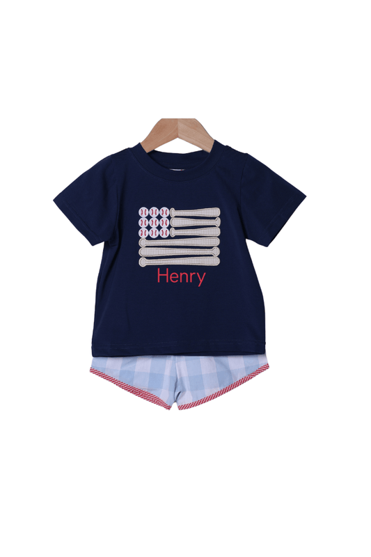 The Smocked Flamingo Apparel & Accessories Applique Stars and Strikes Baseball Blue Gingham Short Set