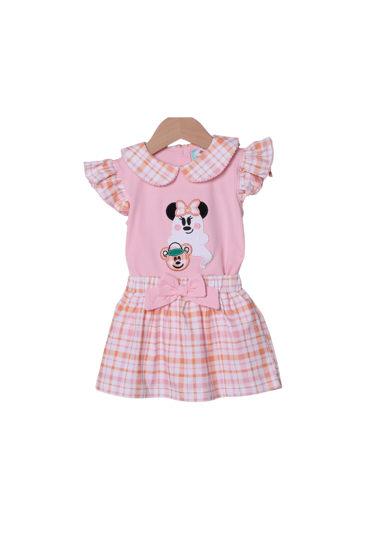 The Smocked Flamingo Apparel & Accessories Applique Sweet Ghost Mouse Plaid Skort Set