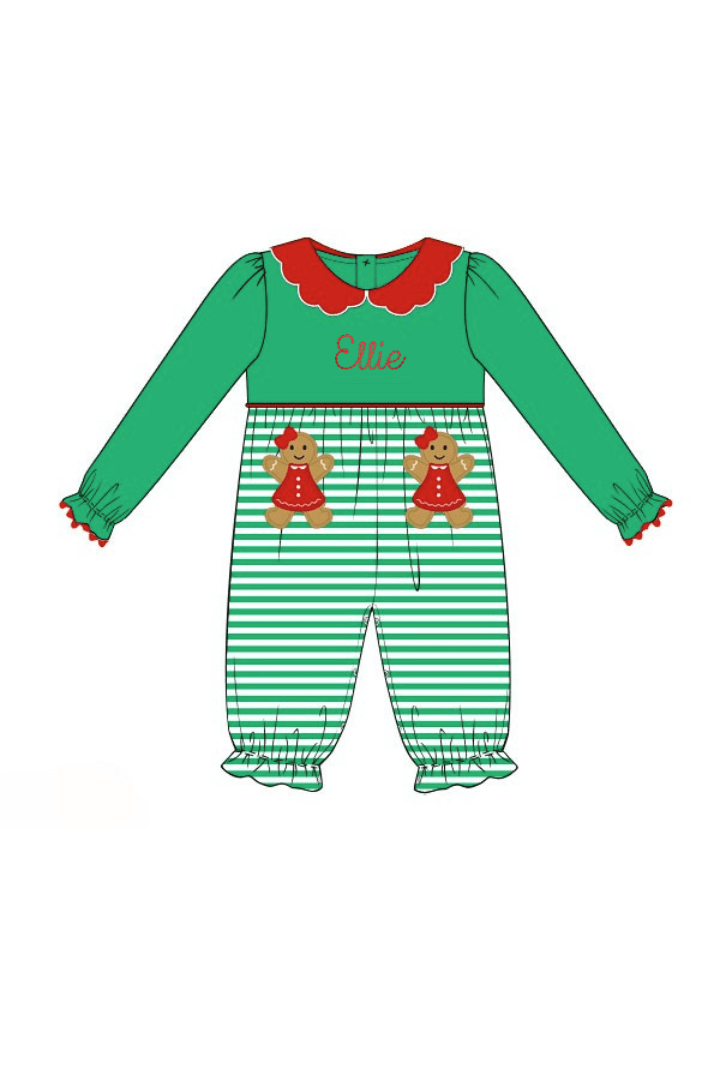 The Smocked Flamingo Apparel & Accessories Applique Sweet Gingerbread Green Stripe Romper
