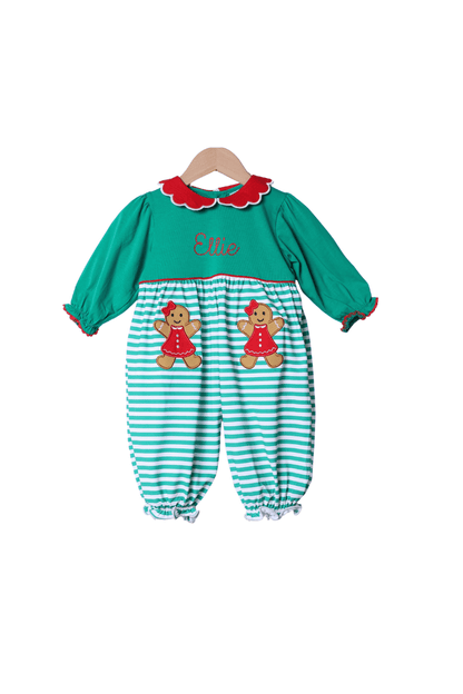 The Smocked Flamingo Apparel & Accessories Applique Sweet Gingerbread Green Stripe Romper