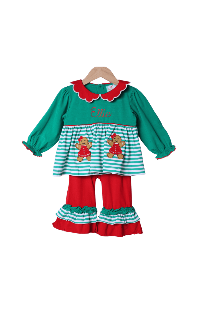 The Smocked Flamingo Apparel & Accessories Applique Sweet Gingerbread Green Stripe Ruffle Pant Set