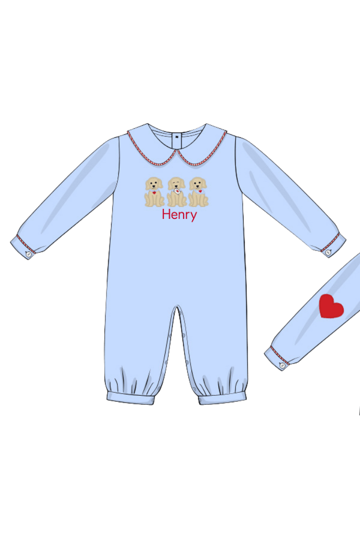 The Smocked Flamingo Apparel & Accessories Applique Sweet Puppies Blue Knit Romper