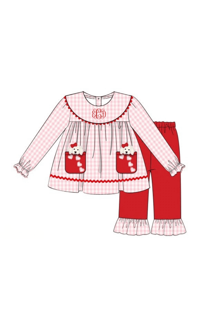 The Smocked Flamingo Apparel & Accessories Applique Sweetheart Puppies Pink Gingham Pant Set