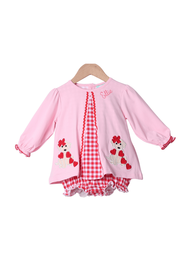 The Smocked Flamingo Apparel & Accessories Applique Sweetheart Puppy Skirted Bubble