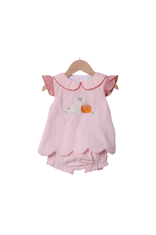 The Smocked Flamingo Apparel & Accessories Applique Swiss Dot Pumpkin Puppy Bloomer Set