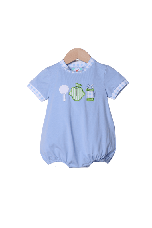 The Smocked Flamingo Apparel & Accessories Applique Tee Time Blue Gingham Bubble