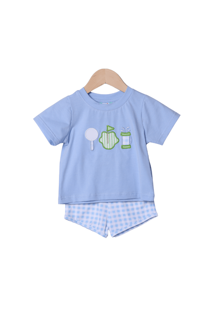 The Smocked Flamingo Apparel & Accessories Applique Tee Time Blue Gingham Short Set
