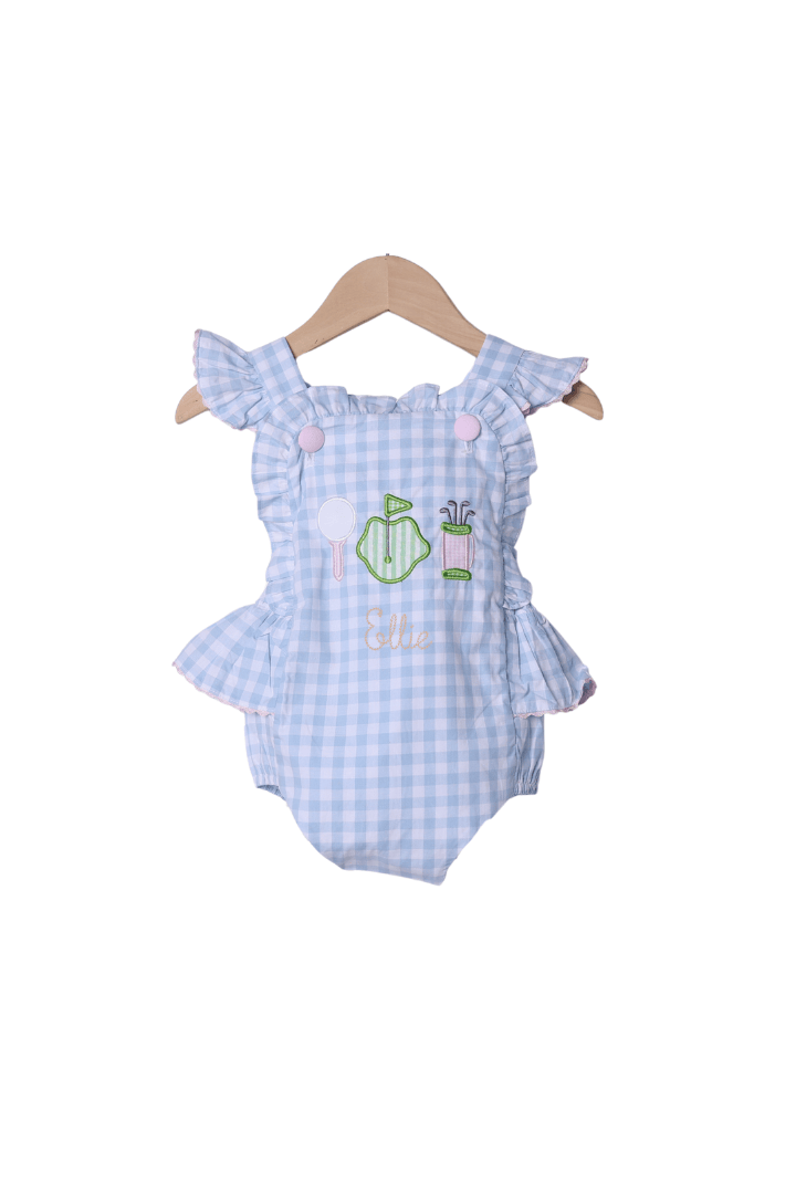The Smocked Flamingo Apparel & Accessories Applique Tee Time Blue Gingham Sun Bubble