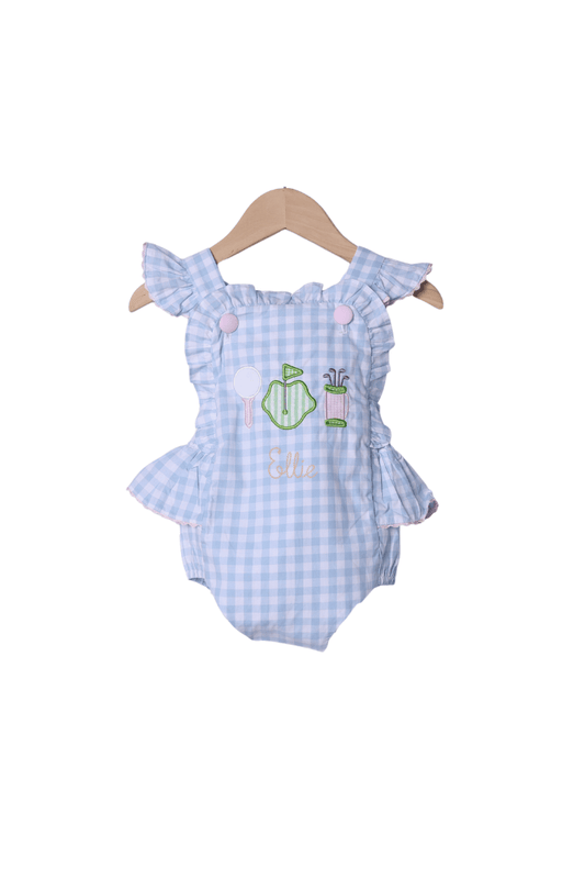 The Smocked Flamingo Apparel & Accessories Applique Tee Time Blue Gingham Sun Bubble
