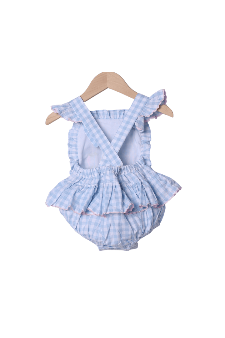 The Smocked Flamingo Apparel & Accessories Applique Tee Time Blue Gingham Sun Bubble