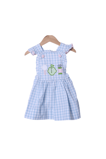 The Smocked Flamingo Apparel & Accessories Applique Tee Time Blue Gingham Sun Dress
