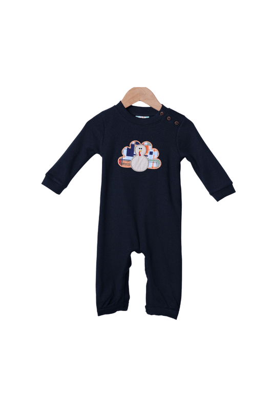 The Smocked Flamingo Apparel & Accessories Applique Turkey Madras Plaid Navy Romper