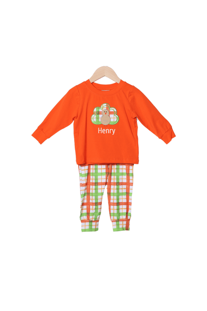 The Smocked Flamingo Apparel & Accessories Applique Turkey Orange Plaid Jogger Set