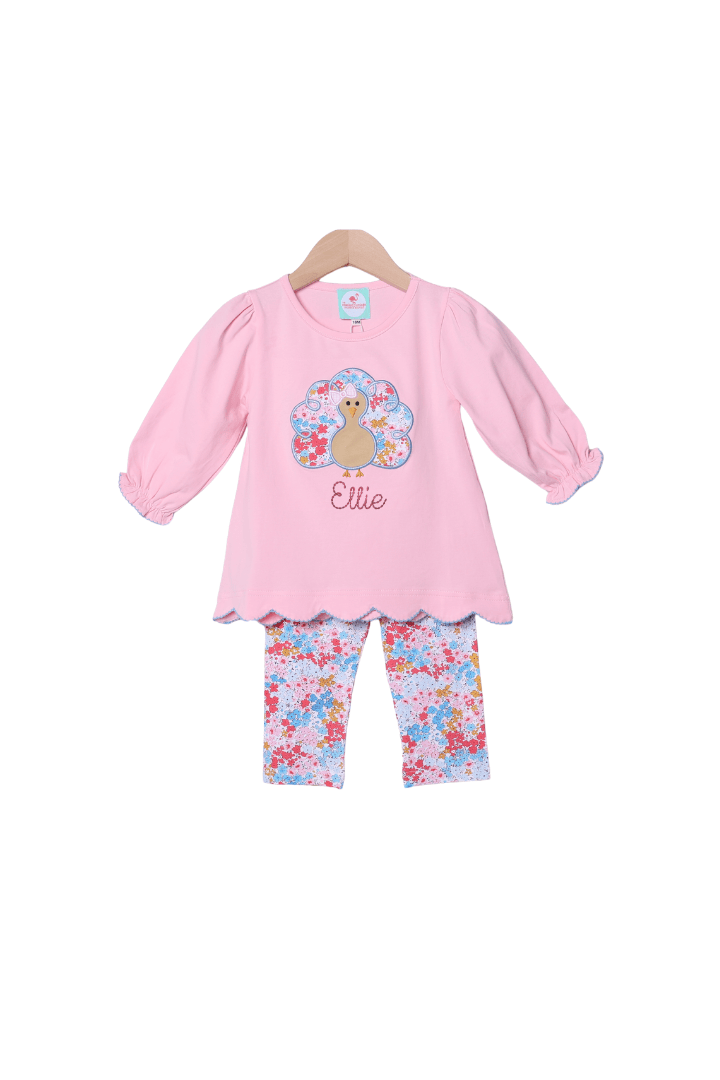 The Smocked Flamingo Apparel & Accessories Applique Turkey Pink Floral Pant Set