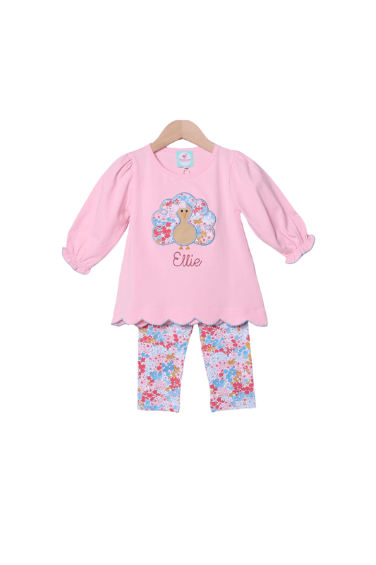 The Smocked Flamingo Apparel & Accessories Applique Turkey Pink Floral Pant Set