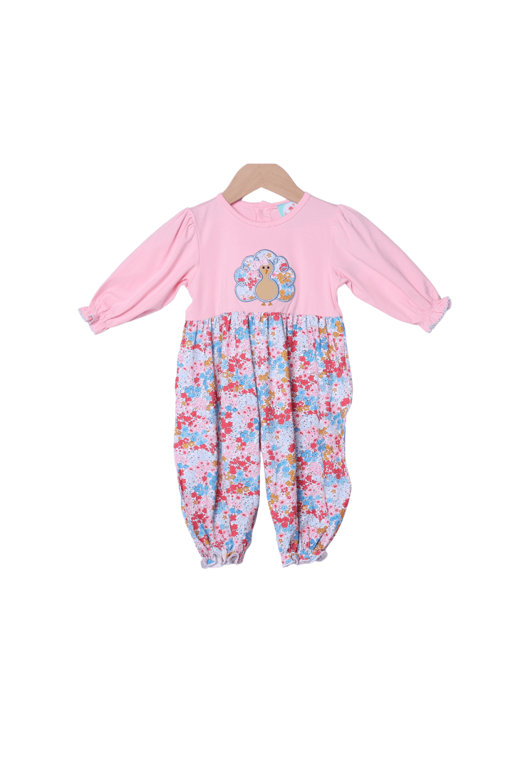 The Smocked Flamingo Apparel & Accessories Applique Turkey Pink Floral Romper