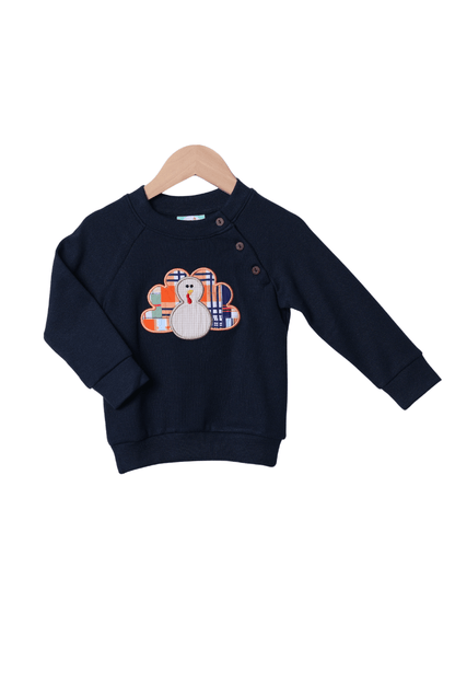 The Smocked Flamingo Apparel & Accessories Applique TurkeyMadras Plaid Navy Pullover