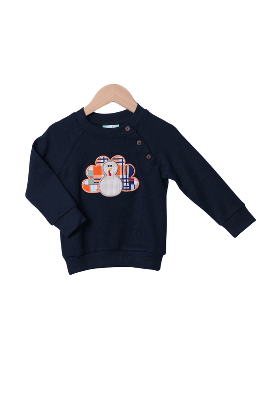 The Smocked Flamingo Apparel & Accessories Applique TurkeyMadras Plaid Navy Pullover