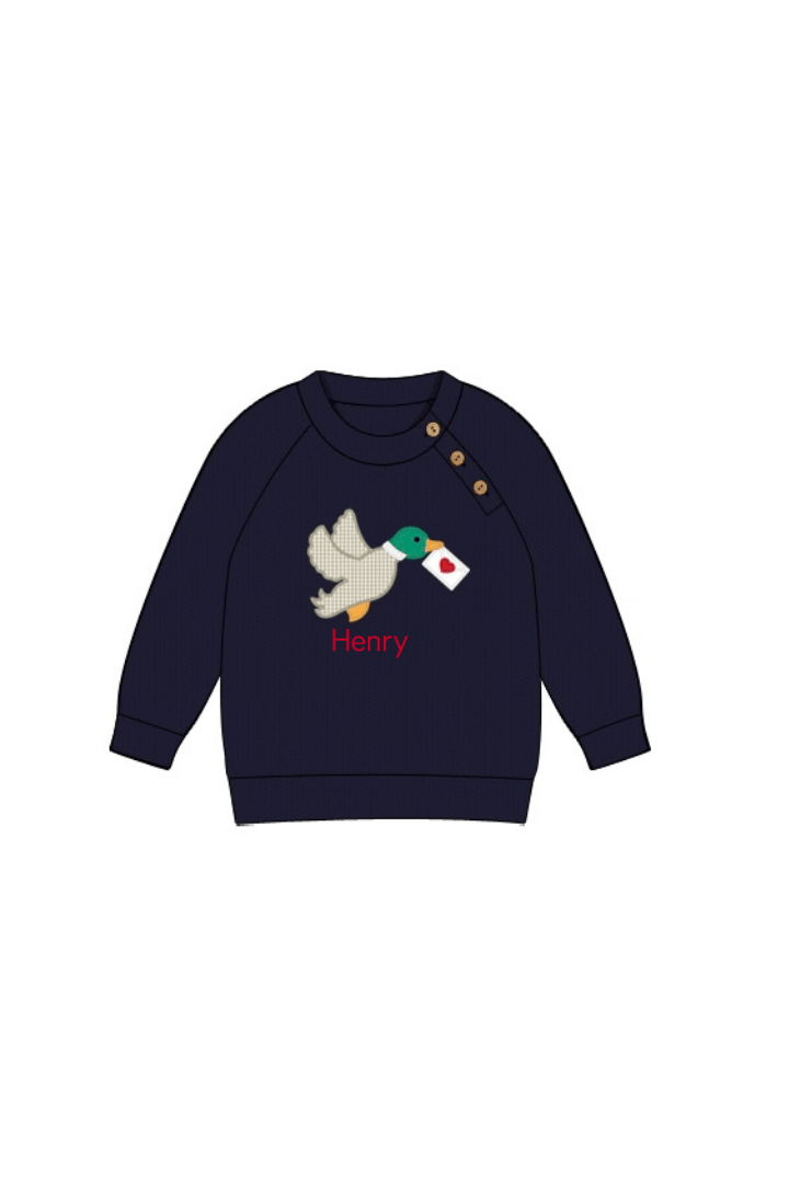 The Smocked Flamingo Apparel & Accessories Applique Valentine Mallard Navy Pullover