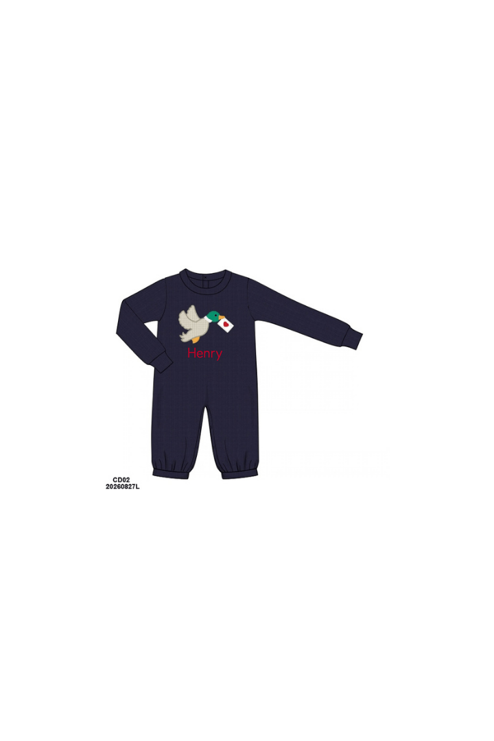 The Smocked Flamingo Apparel & Accessories Applique Valentine Mallard Navy Romper