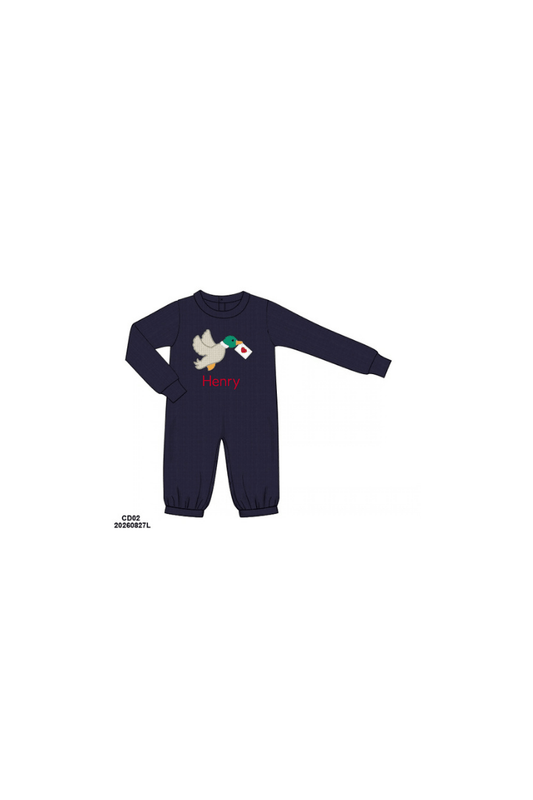The Smocked Flamingo Apparel & Accessories Applique Valentine Mallard Navy Romper