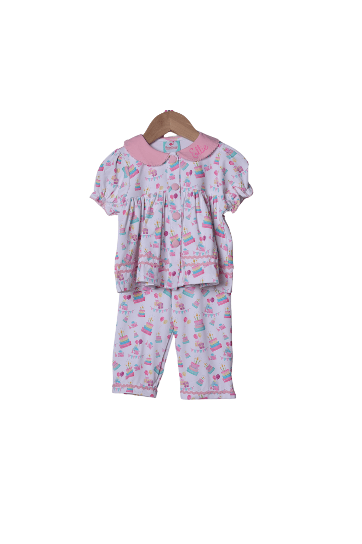 The Smocked Flamingo Apparel & Accessories Birthday Party PINK Collar Lounge Set Short Sleeve