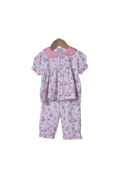 The Smocked Flamingo Apparel & Accessories Birthday Party PINK Collar Lounge Set Short Sleeve