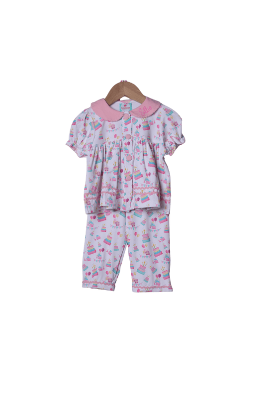 The Smocked Flamingo Apparel & Accessories Birthday Party PINK Collar Lounge Set Short Sleeve