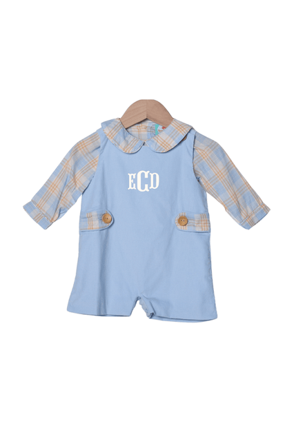 The Smocked Flamingo Apparel & Accessories Blue and Orange Plaid Corduroy Jon Jon 2 Pc. Set