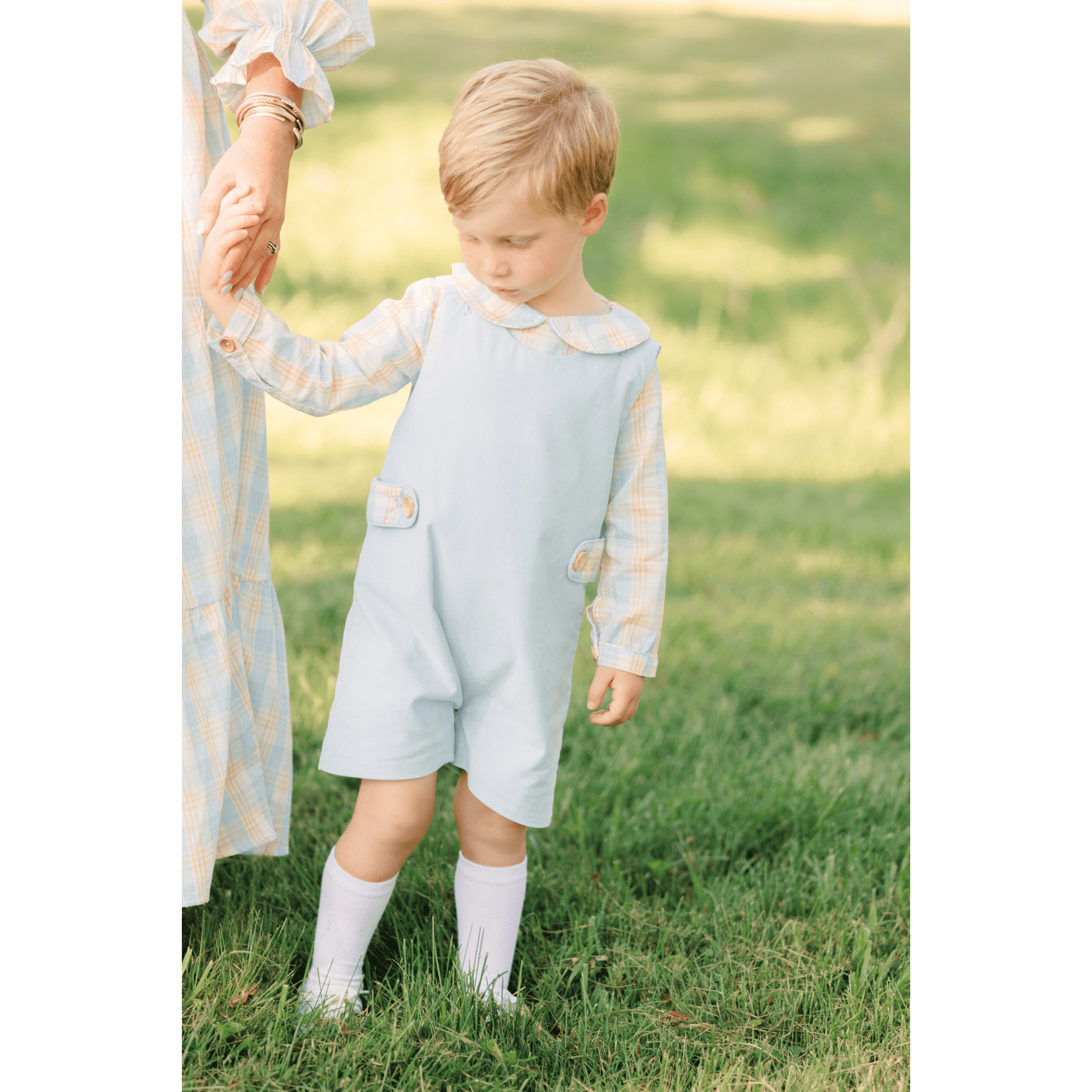 The Smocked Flamingo Apparel & Accessories Blue and Orange Plaid Corduroy Jon Jon 2 Pc. Set