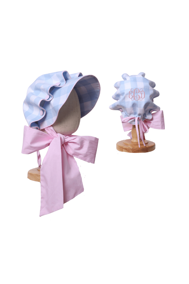 The Smocked Flamingo Apparel & Accessories Blue and Pink Buffalo Check Bonnet