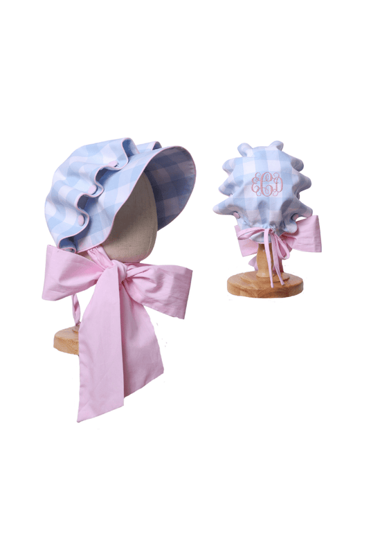 The Smocked Flamingo Apparel & Accessories Blue and Pink Buffalo Check Bonnet