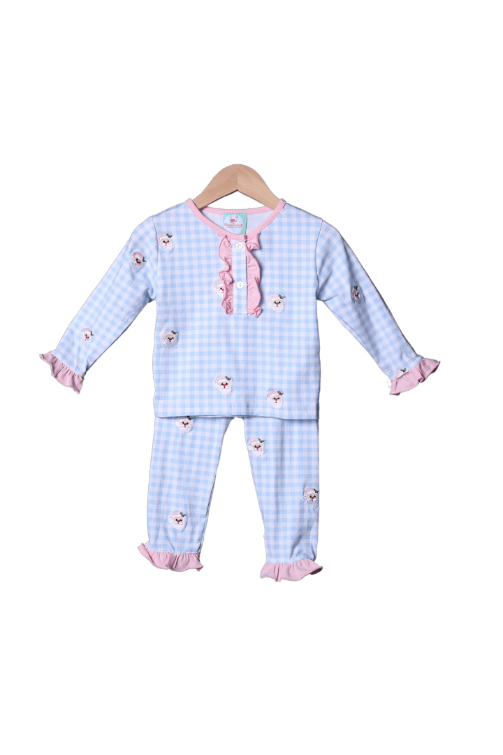 The Smocked Flamingo Apparel & Accessories Blue and Pink Embroidered Santa Lounge Set