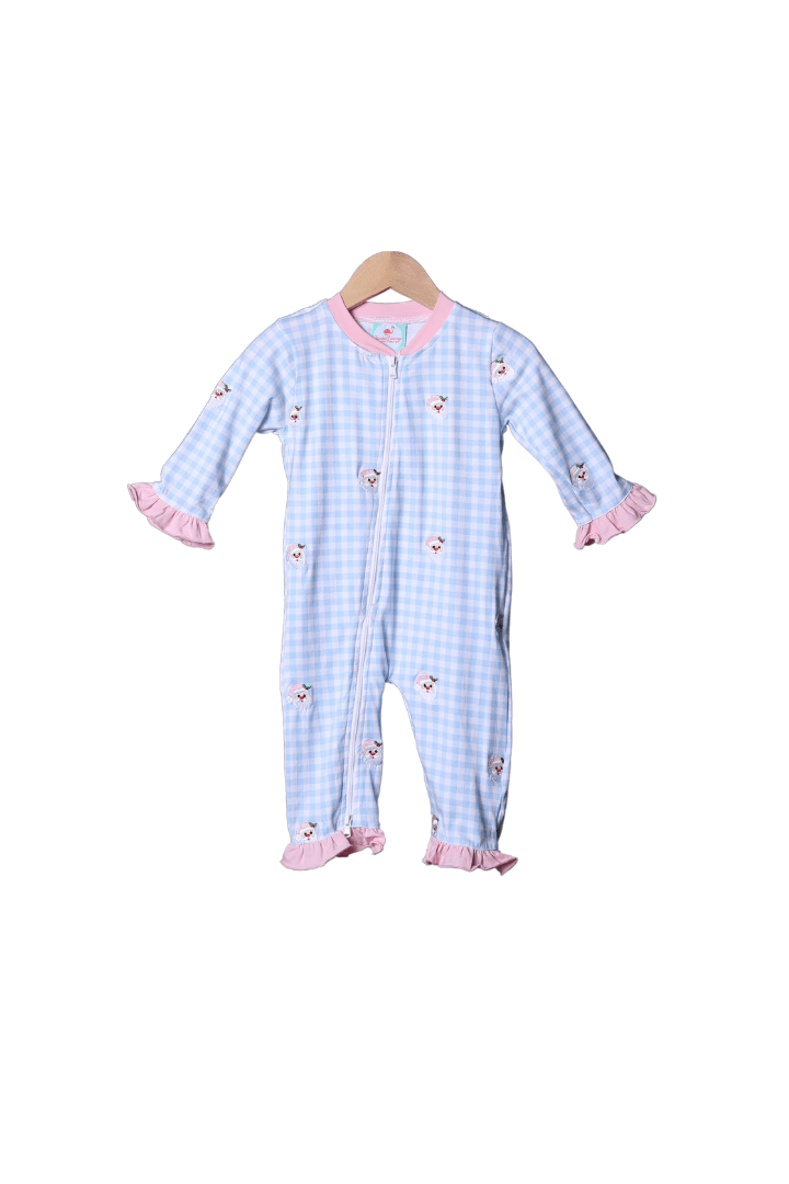 The Smocked Flamingo Apparel & Accessories Blue and Pink Embroidered Santa Zippys