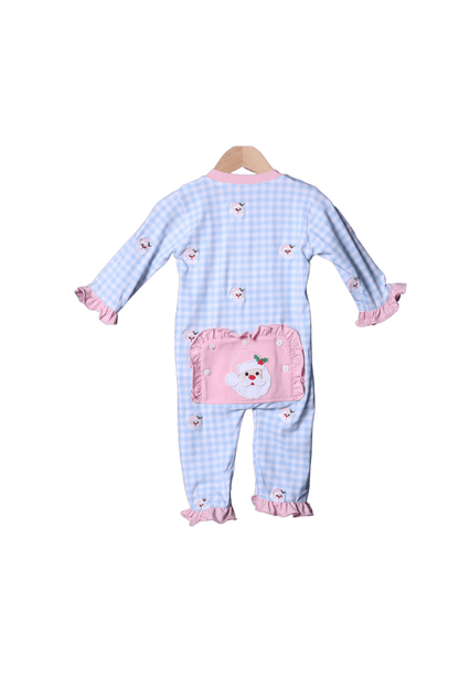 The Smocked Flamingo Apparel & Accessories Blue and Pink Embroidered Santa Zippys