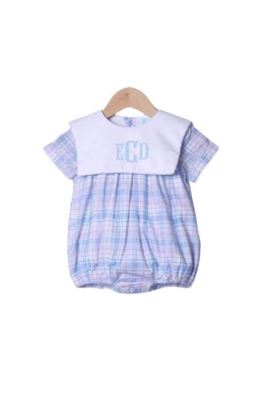 The Smocked Flamingo Apparel & Accessories Blue and Pink Plaid Bib Bubble