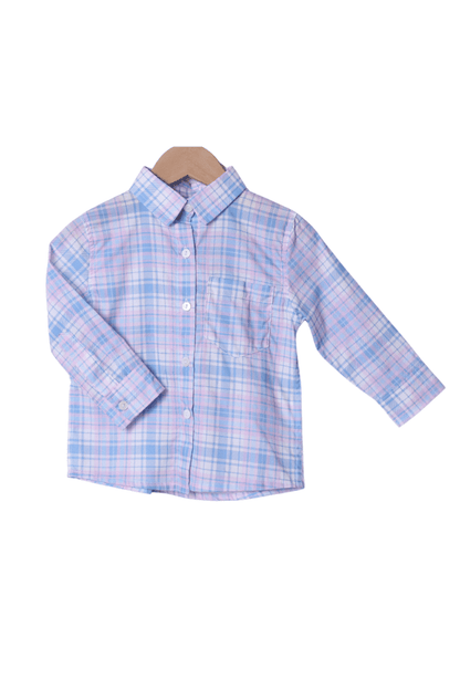 The Smocked Flamingo Apparel & Accessories Blue and Pink Plaid Long Sleeve Button Down Shirt