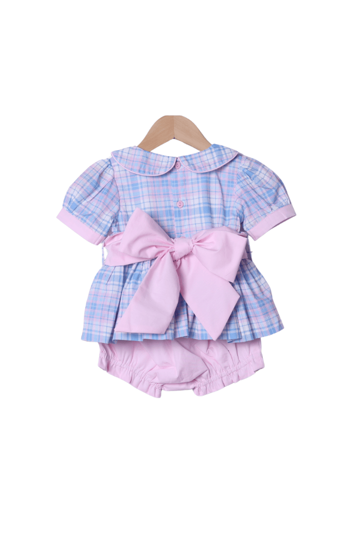 The Smocked Flamingo Apparel & Accessories Blue and Pink Plaid Peter Pan Collar Bloomer Set