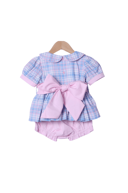 The Smocked Flamingo Apparel & Accessories Blue and Pink Plaid Peter Pan Collar Bloomer Set