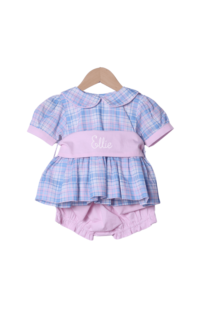 The Smocked Flamingo Apparel & Accessories Blue and Pink Plaid Peter Pan Collar Bloomer Set